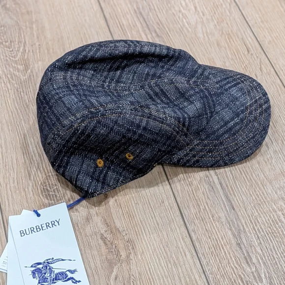 $390 Mens Burberry Denim Check Baseball Cap Hat Indigo Large
